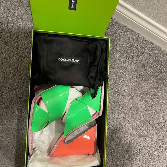 DOLCE & GABBANA Tapered-Heel Green Pink Leather Open-Crystal Toe Leather Sandals - Picture 14 of 15